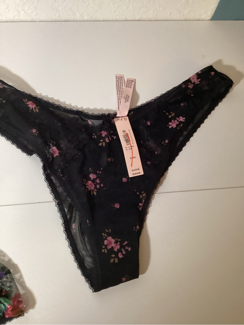 Victoria's Secret Black Bikini Panty with Pink Floral Print